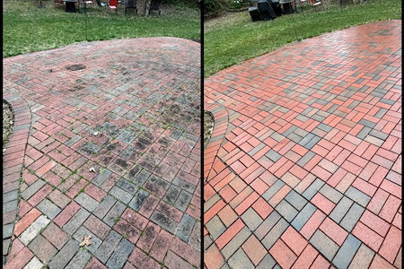 Paver patio before and after professional cleaning and sealing